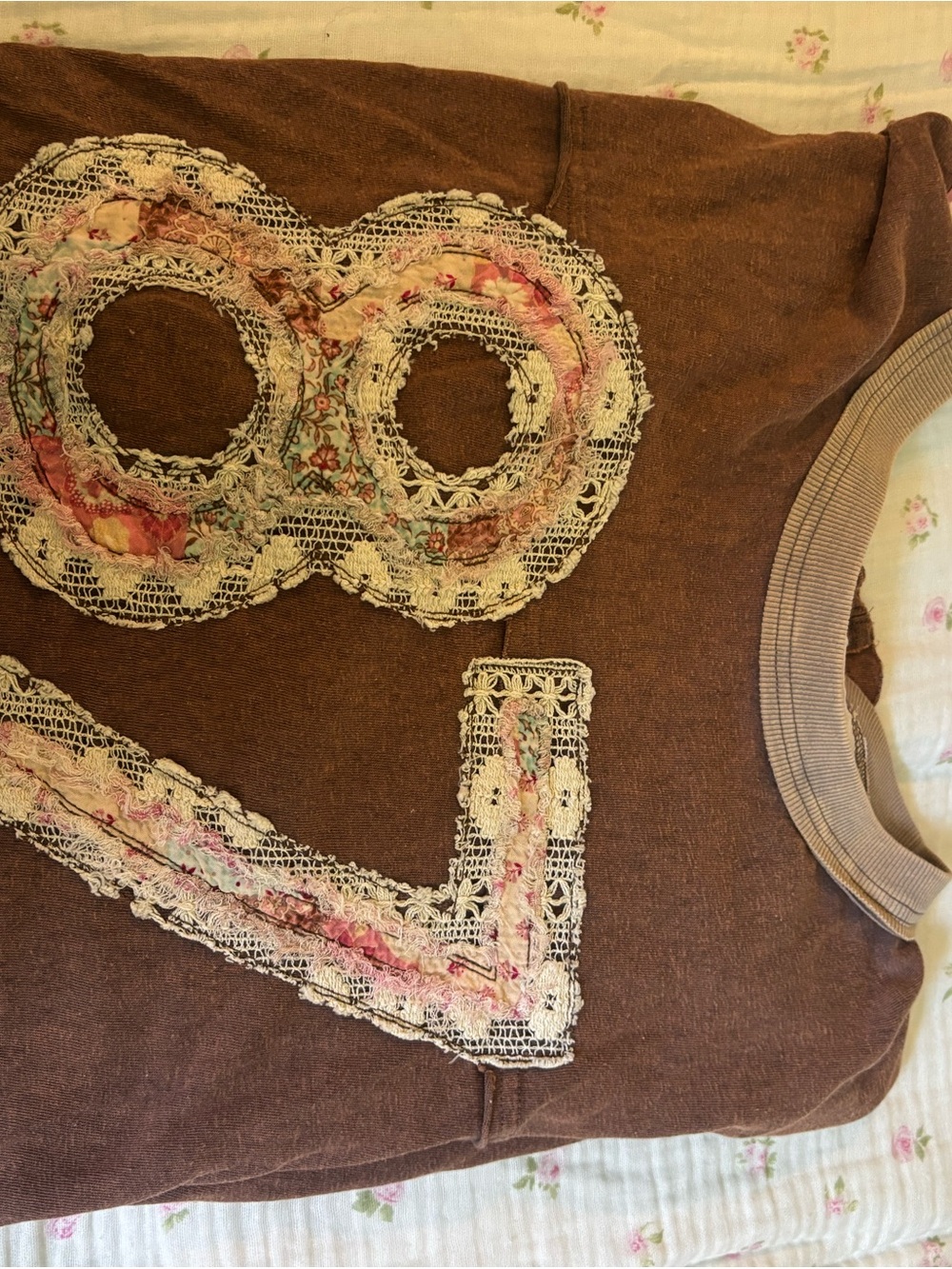 Brown Embroidered Lace Appliqué Sweatshirt